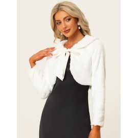 Allegra K Women's Faux Fur Bolero Shrug Crop Jacket Evening Bow Tie Front Fluffy Coat Large White