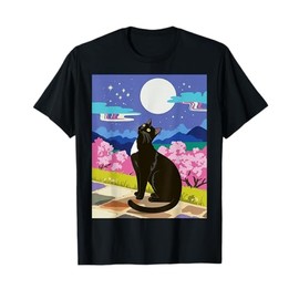 Black Cat Night Scene Cherry Blossom Moon Mountain Art T-Shirt