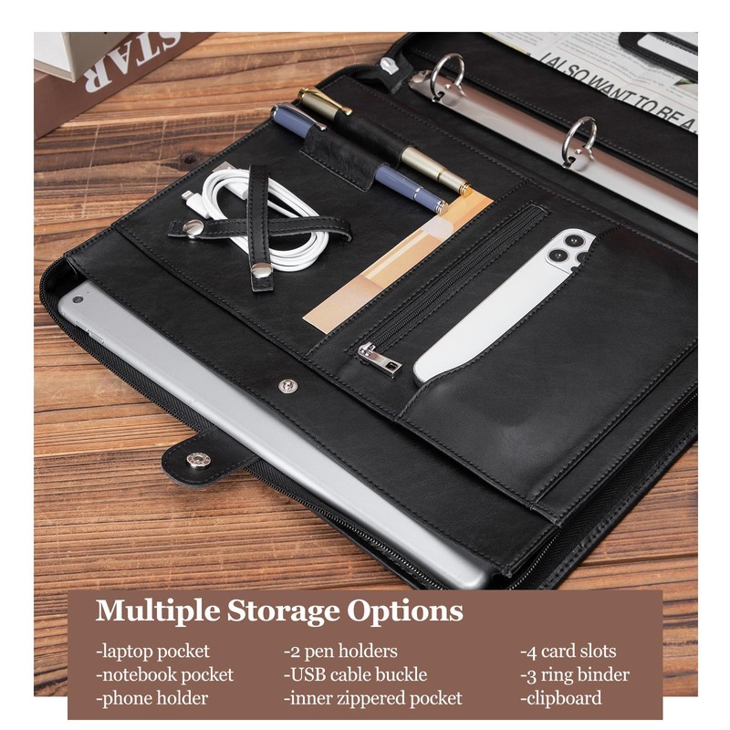 Geslun Vegan Leather Portfolio 3 Ring Binder with Clipboard, Hidden