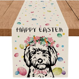GPGHE Happy Easter Table Runner Golden Doodle Dog Eggs Flowers Holiday Spring Burlap Table Decoration Indoor Outdoor Home Decor Party Supply 13 x 72 Inch