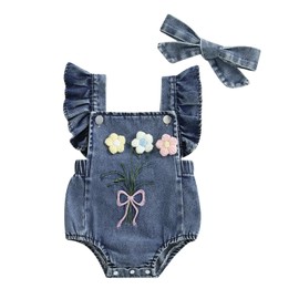 Douhoow Baby Girl Denim Romper Ruffle Flowers Embroidery Baby Girl Romper with Headband Infant Girl Summer Clothes (Sky Blue, 6-12 Months)