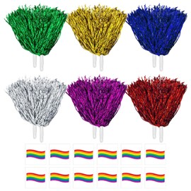 12 Pieces Glitter Cheer Pompoms 12 Face Stickers Aerobic Latte Art Decorative Sports Pompoms Hand Pompoms Dance Pompoms