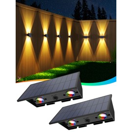 Solar Fence Lights,2Pack Solar Lights Outdoor Warm White + RGB Up & Down Solar Wall Lights Waterproof 100 Lumens Dusk to Dawn Solar Powered Fence Light for Backyard/Pool/Railing/Patio/Porch/Step