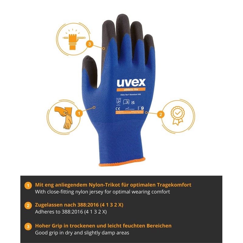 Uvex Athletic Lite Men's Work Gloves - 3 Pairs of
