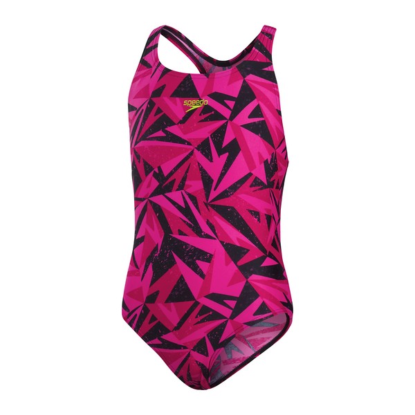 Speedo Girl's HyperBoom Logo Medalist Swimsuit, Black/ Electric Pink/ Ecstatic, 11-12 Years