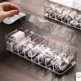 Plastic Cable Management Box, Cable Management Box,White Cable Management Box, with 10 Wire Ties, Clear Powe r Cord Organizer with 8 Compartment (2PACK)