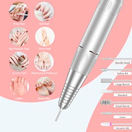 Portable Nail Drill Professional 35000 RPM, MOCOWIND Rechargeable Electric Nail File Machine E File for Acrylic Gel Polishing Removing, Cordless E-File with Bits Kit for Manicure Salon Home, White