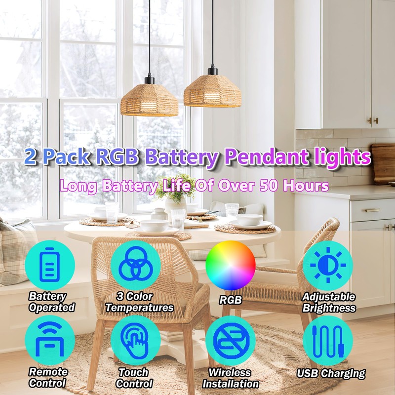 HIFCTRN Battery Operated Pendant Light Set of 2,Rechargeable Hanging Light