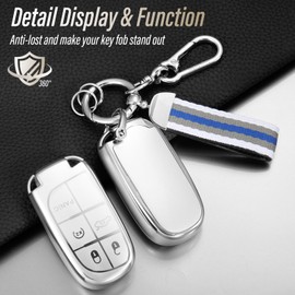 Coverforkey for Jeep Key Fob Cover with Nylon Webbing Keychain, Fashionable Matte Metallic Soft Case for for Grand Cherokee Renegade Chrysler (5 buttons) Shell (Silver, B), Silver, B