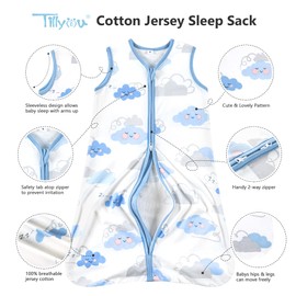 TILLYOU Sleep Sack 18-24 Months - 0.5 TOG Baby Wearable Blanket with 2-Way Zipper, Extra Soft Cotton Sleeveless Sleeping sack 2 Pack, Small Cloud & Blue