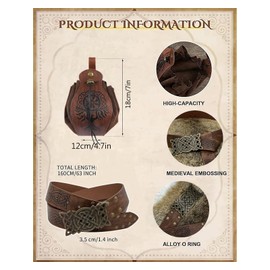 2 Medieval Belt + Medieval Faux Leather Bag with Drawstring, Medieval Clothing Men Women, Viking Clothing Women for Carnival, Cosplay, Wizard, Witch Costume Accessories, brown, Role Play (Game)