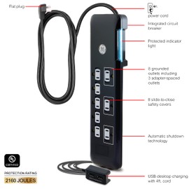 GE UltraPro 8 Outlet Surge Protector, Tethered 2 USB Ports, 4 Ft Power Cord, 2169 Joules, Flat Plug, Power Filter, Circuit Breaker, Warranty, Black, 34117