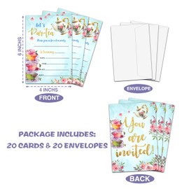 Floral Tea Party Birthday Invitation, Let's Par-Tea Garden Tea Cup Time Fill-In Invites For Teens Boys & Girls, 20 Invitations With Envelopes(4" X 6")，Kids Party Favors Decorations And Supplies-17