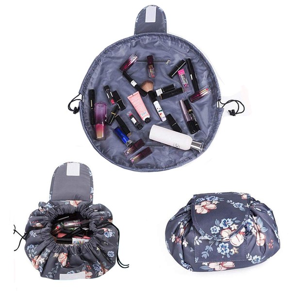 Lazy Cosmetic Bag, ONEGenug Makeup Bag, Drawstring Design One-Step Organizer, Cosmetic Pouch for Lazy Ladies (Flower)