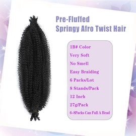 BLTYXT Spring Afro Twist Hair Soft Feather Afro Twist Hair Soft Pre Separated Braiding Hair for Locs Crochet Hair Extension (12 Inches (Pack of 6), 1B)