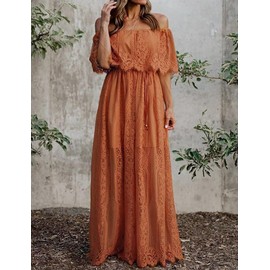 HOYISHION Women's Off The Shoulder Floral Lace Maxi Wedding Dress Boho Brides Bridesmaid Party Dress Flowy Maternity Photoshoot Dresses Orange