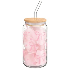 Hoolerry Coquette Bow Aesthetic Cup, 16 oz Dainty Glass Cup in Pink with Lid and Straw, Vintage Coquette Aesthetic Drinking Jar for Girls Women Christmas Birthday Party Favors(Bow)