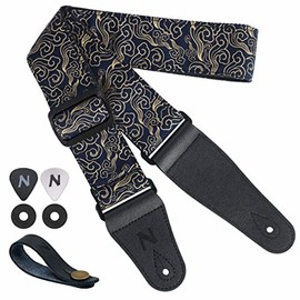 Guitar Strap-Nefelibata Japan Printed Cotton Original Design Adjustable Guitar Strap with Long Leather Ends,Include Strap Button,Guitar Picks and Strap Locks(Auspicious Cloud)