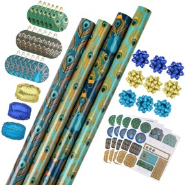 WRAPAHOLIC Peacock Christmas Wrapping Paper Set - Green Peacock Elements Patterns with Metallic Foil Shine Wrapping Paper Bundle with Gift Bow & Ribbon & Tag & Sticker