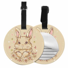 TKS MITLAN 1 Pcs Luggage Tag Cute Bunny Privacy Cover ID Label Address Card for Travel Bag Suitcase Cute Love Bunny Rabbit with Flower Art Painting Leather Luggage Tag Travel(Round)