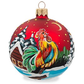 BestPysanky Rooster in Winter Village on Red Glass Ball Christmas Ornament 3.25 Inches