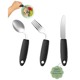 CuraVita Adaptive Utensils Set (3-Piece) – 42° Angled, 3 oz Weighted Silverware for Parkinson's, Hand Tremors and Arthritis – Easy-Grip Ergonomic Eating Aids (Right-Handed)