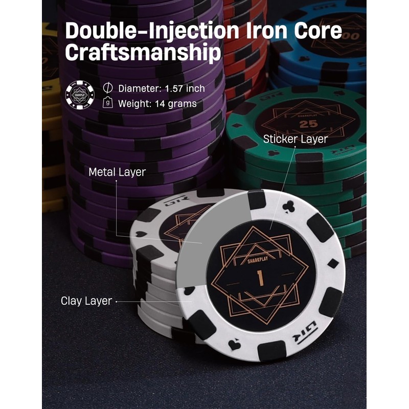 sharkplay 14g Clay Poker Chips Set for Texas Hold'em, 500