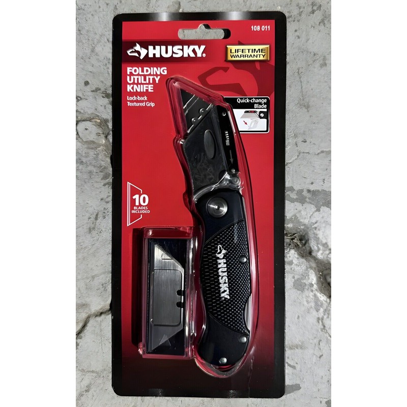 Husky Black Folding Utility Knife Lock-Back Textured Grip 10 Blades