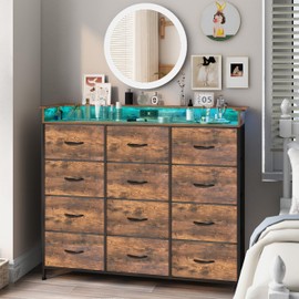 Welfuturer Dresser for Bedroom with 12 Drawers Clothes Dresser with Charging Station and LED Light Fabric Storage Tower for Living Room Hallway Closet Sturdy Steel Frame Wooden Top Rustic Brown