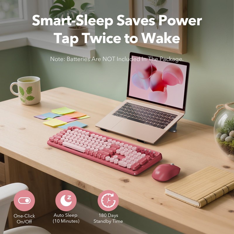 Wireless Keyboard and Mouse Combo, Rose, Round Keycaps, Phone/Tablet Holder