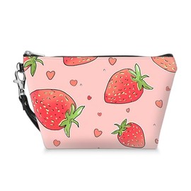 Tudguiloae Cosmetic Bag for Women, Small Makeup Bag for Purse, Water-resistant PU Leather Pouch with Strawberries Pattern and Zipper, Ideal Gift for Girls for Daily Use and Travel