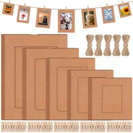 Mardatt 50 Set Brown Paper Picture Frames, Includes 3" 4" 5" 6" 7" Cardboard Hanging Photo Frames with Wooden Clips, Strings for Home Decor