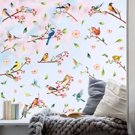 Spring Window Cling Branches Greenery Hummingbird Window Stickers Bird Strike Window Decal Home Kitchen Office Fridge Decorations 4 Sheets