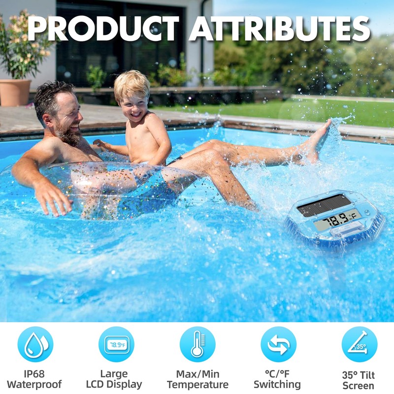 Pircaath 2025 Upgrade Digital Pool Thermometer Floating Easy Read, Solar