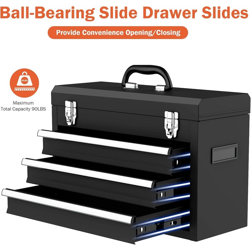 Portable Metal Tool Box, 3 Drawer Steel Tool Box with