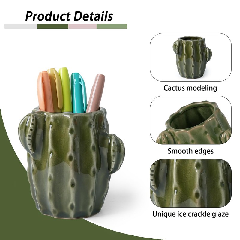 Zaposcca Ceramic Cactus Pen Holder, Cactus Decor Cute Pencil Holder,