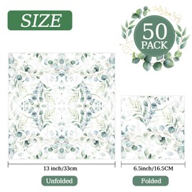 50 Pcs Greenery Eucalyptus Paper Napkins 6.5 x 6.5 Inches, Sage Green Leaves Disposable Luncheon Dinner Party Napkins Cocktail Napkin for Bathroom Bridal Baby Shower Wedding Party Decorations