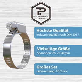 Pangaea Tech Stainless Steel Hose Clamps 25-40 mm Pack of 10 Professional Quality According to DIN 3017 (W2) for Pool, Pond and Garden