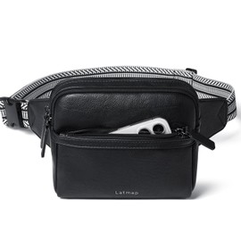 LATMAP 3L Fanny Pack Bumbags for Women Men 4-Zipper Pockets Belt Bag Sling Waist Pack Faux Leather Chest Bag Black