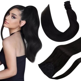 Hetto Remy Hair Ponytail Extensions Black Ponytail Human Hair Extensions Invisible Extensions Ponytail Natural #1B 12Inch 70g