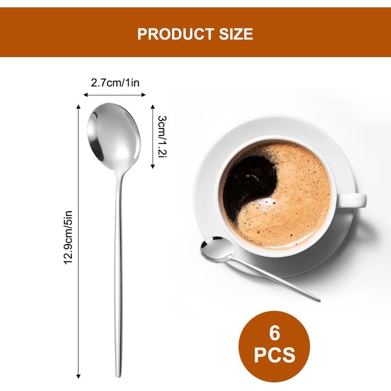 6 Pieces Stainless Steel Coffee Spoons, 12.9 cm Round Dessert