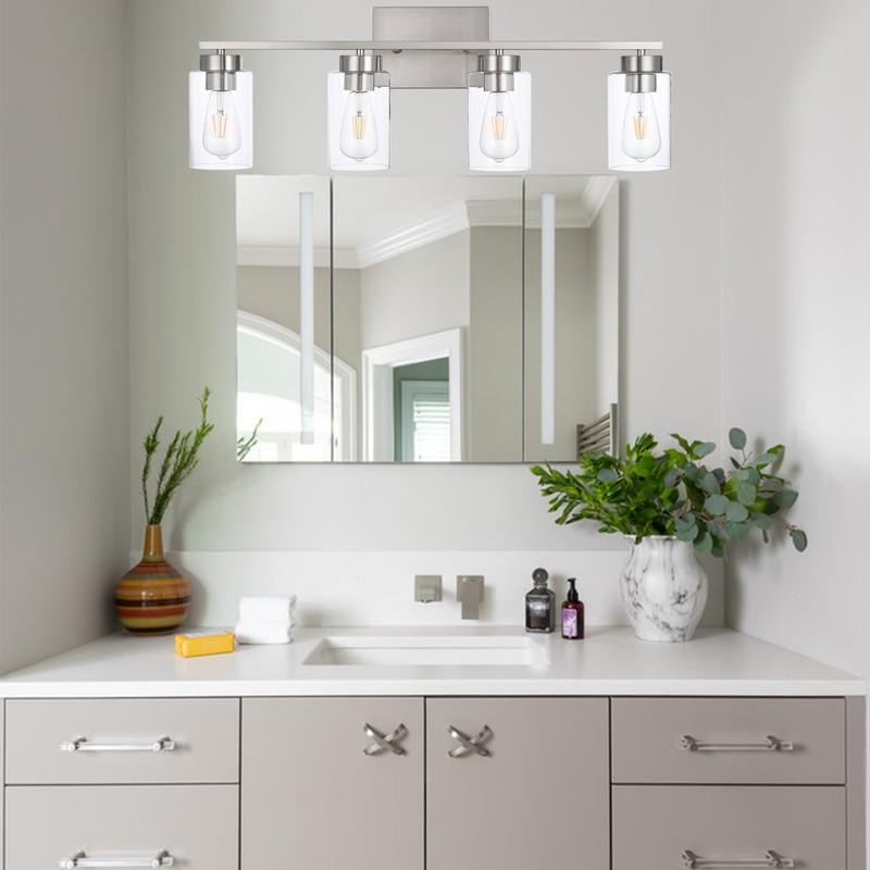 A1A9 4 Light Bathroom Vanity Light Fixtures, Brush Nickel Modern