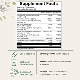 Micro Ingredients Pure Methylated B Complex, 240 Capsules | 11-in-1 Formula with Methylfolate, B12, Thiamin, Inositol, Choline, & Fat Soluble Vitamin C | Clean Ingredients Without Fillers | Non-GMO