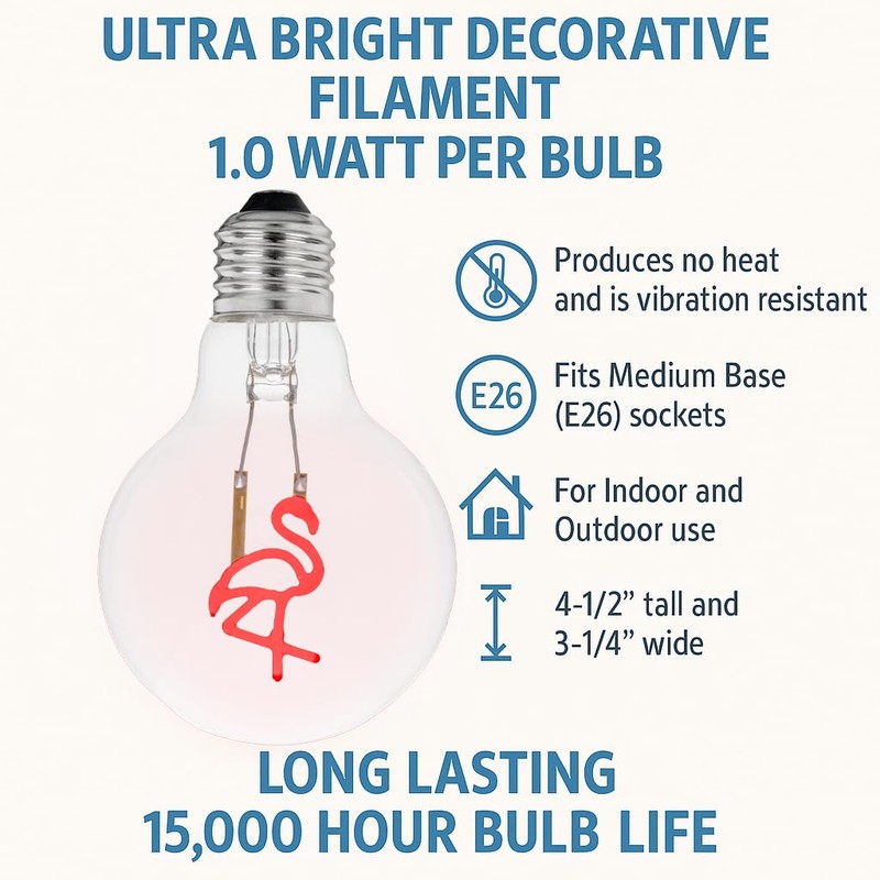 Festive Living LED Flamingo Decorative Filament Light Bulb, G80 Globe,