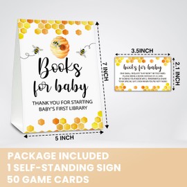Bee Baby Shower Party Game Self-Standing Book Request Sign With 50 Book Request Cards, Mommy To Bee Themed Card Honeycomb Bumble Bee Baby Shower Decor, Baby Gender Reveal Party Game(5"x7") - book-C01