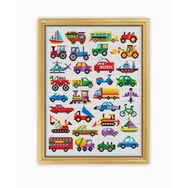Vehicles Collection CS1651 - Counted Cross Stitch KIT#2 Prime. Set of Threads, Needles, AIDA Fabric, Needle Threader, Embroidery Clippers and Printed Color Pattern Inside.