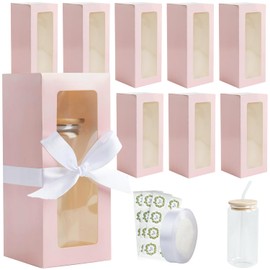 24 Pcs Gift Boxes with Ribbon for Sublimation Glass Exhibition Boxes Transparent Gift Box for 12oz 16oz 20oz Drinking Glasses Jars Wine Sublimation Cups Glass Can Water Bottle Blanks Tumbler (Pink)