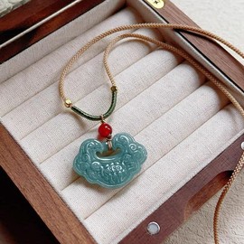 Natural Blue Jadeite Pendant (Lotus and Ruyi Lock Design, Approx. 31×23mm)