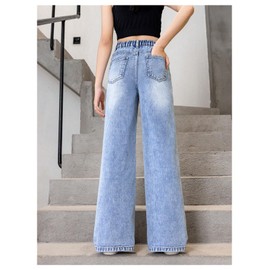 Floerns Girl's Elastic High Waist Ripped Baggy Jeans Wide Leg Distressed Denim Pants Light Wash 10Y