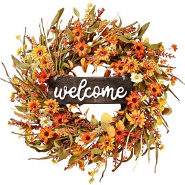 Sggvecsy Artificial Fall Wreath 22’’ Autumn Front Door Wreath Harvest Wreath with Orange Daisy Ear of Wheat Mixed Flowers and Leaves for Outside Indoor Wall Window Festival Thanksgiving Autumn Decor